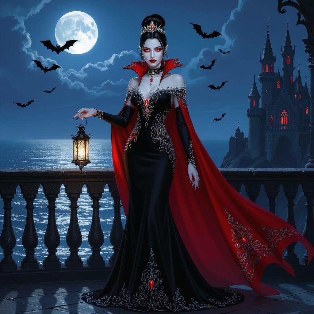 Vampire Queen on Gothic Balcony Overlooking Ocean
