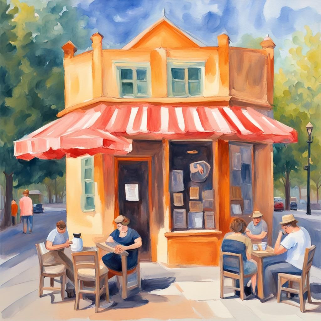 Cat Coffee House: Gouache Impressionist Summer Scene
