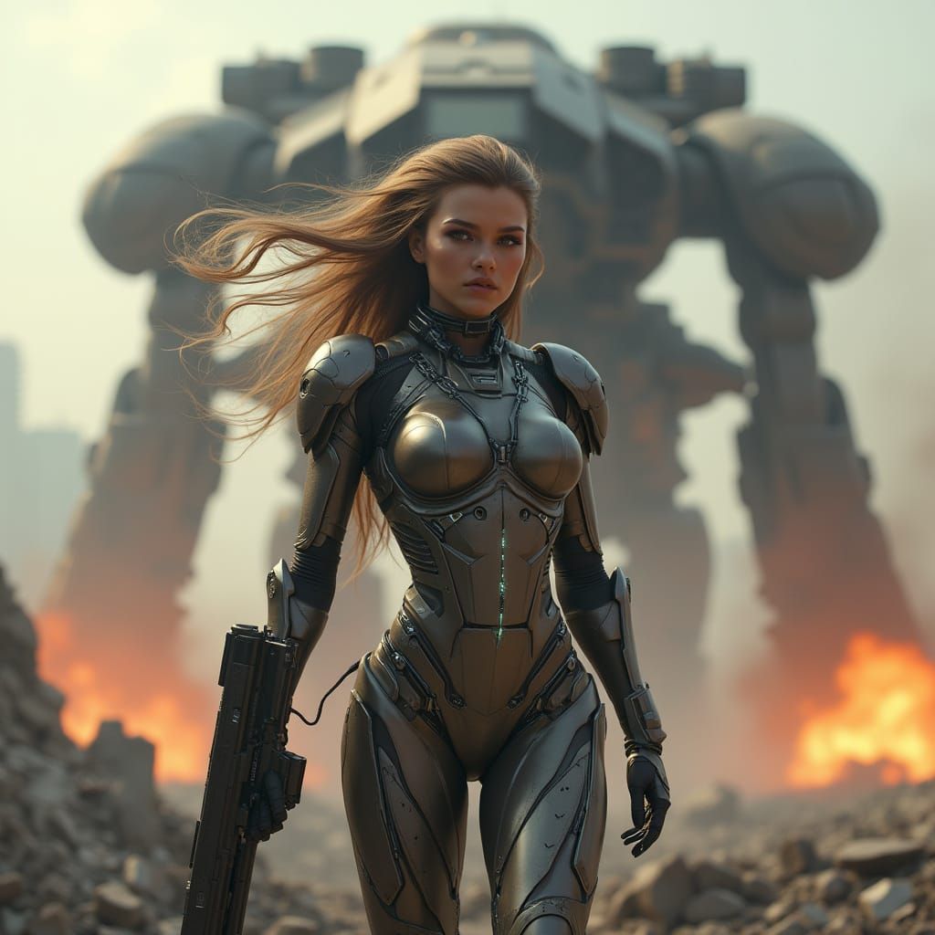 Cybernetic Warrior Dominates Ruined Cityscape in High-Tech E...