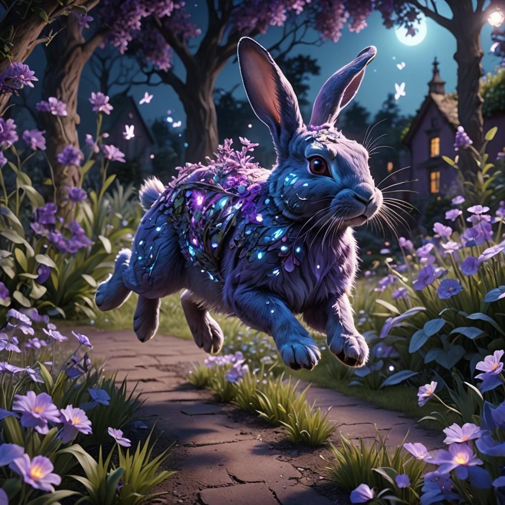 Luminous Purple Rabbit in Enchanted Garden