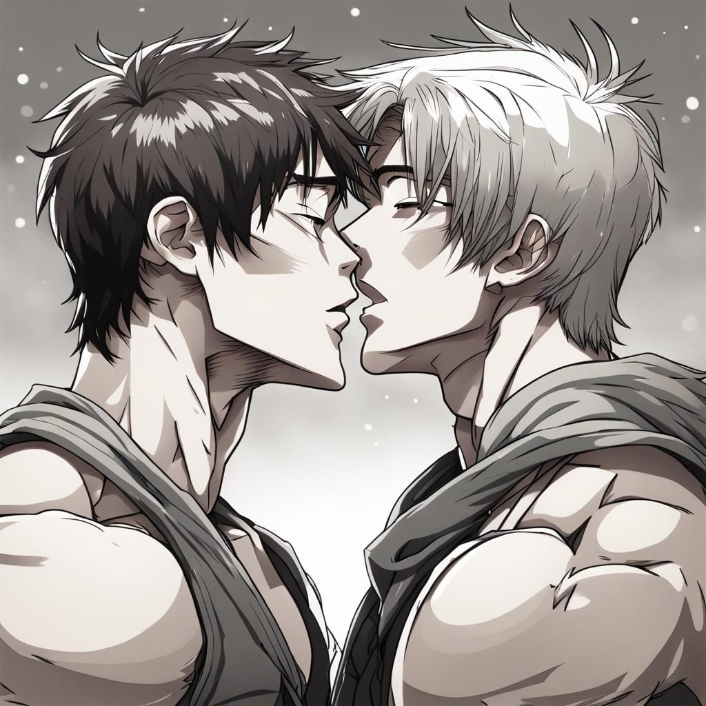 Muscular Men Kissing in Anime Style