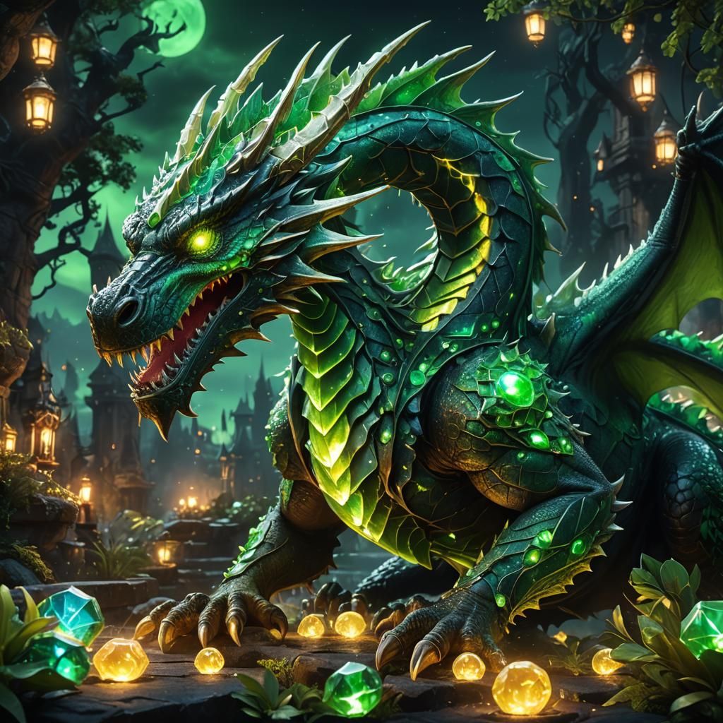 Enchanted Acid Dragon with Glowing Gems