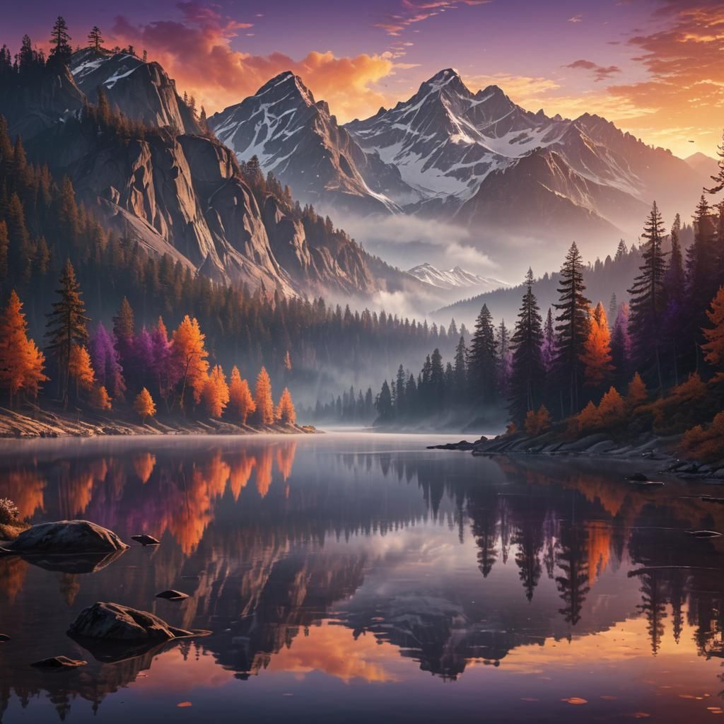 Mountain Lake Sunrise: Cinematic Matte Painting