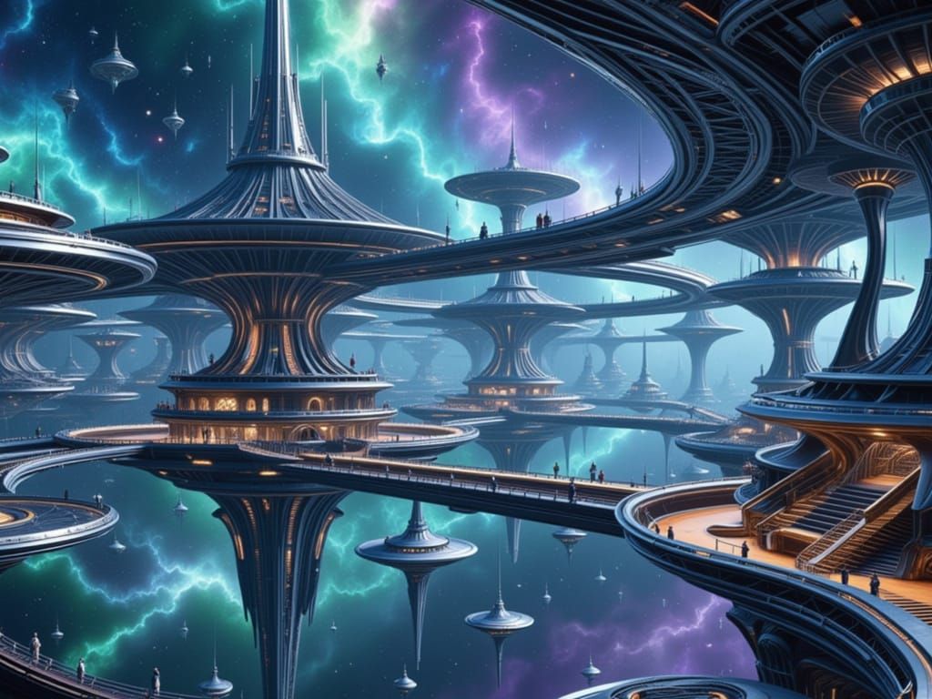 <lora:Alien Humanoid Thing:1.0> <lora:Station Ship Stair:1.0> <lora:MC Escher Jazzed Up:1.0> A breathtaking cityscape fl...