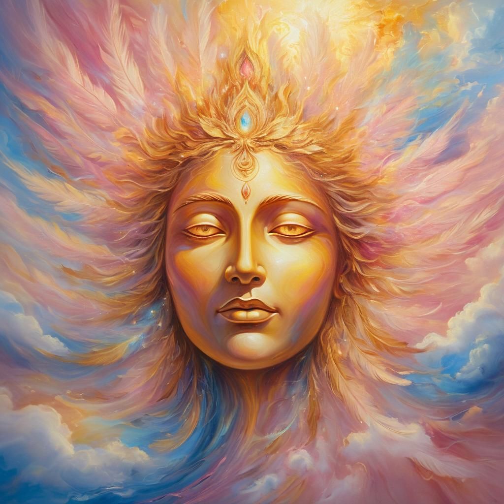 Deity Face in Divine Light: Surreal Oil Painting