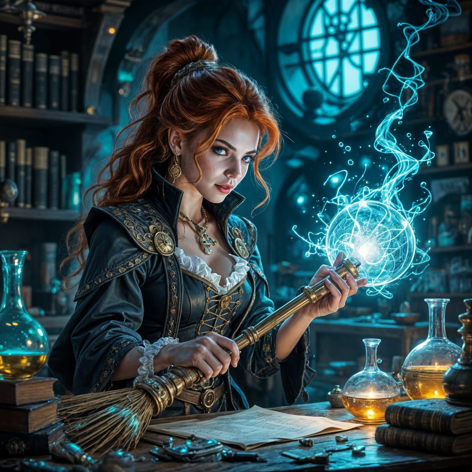Witch Polishing Steampunk Broom Glowing Blue
