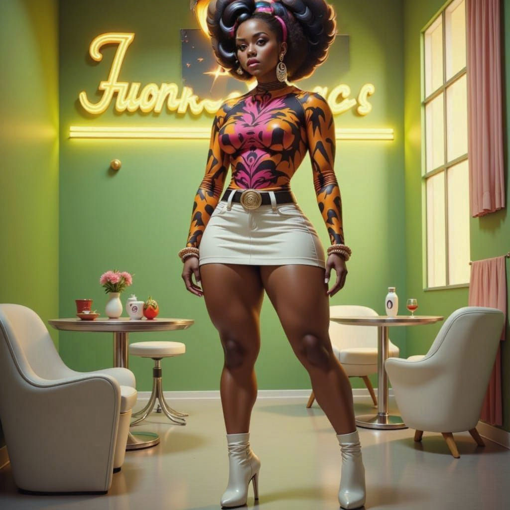 Seventies Black Woman with Afro in a Retro Room