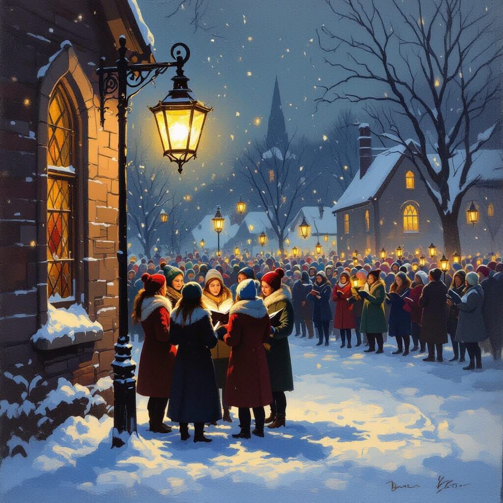 Christmas Carolers Under Lamp Outside Church in Oil Painting...