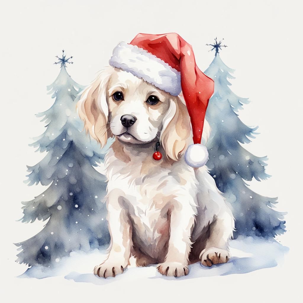 Festive White Dog Christmas Watercolor Painting