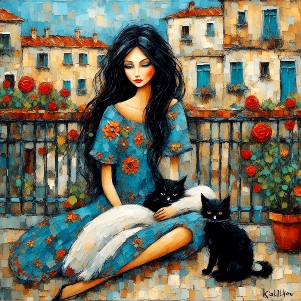 <lora:Oil Painting Style:1.0> pretty woman, long black hair, sitting on the terrace with her cat,  Karla Gerard