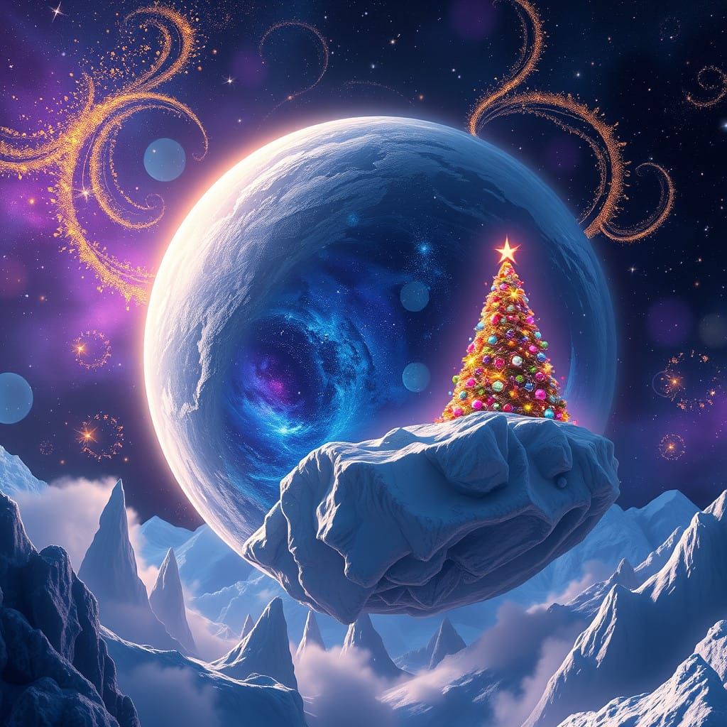 Majestic Cosmic Christmas Planetoid in Stellar Space