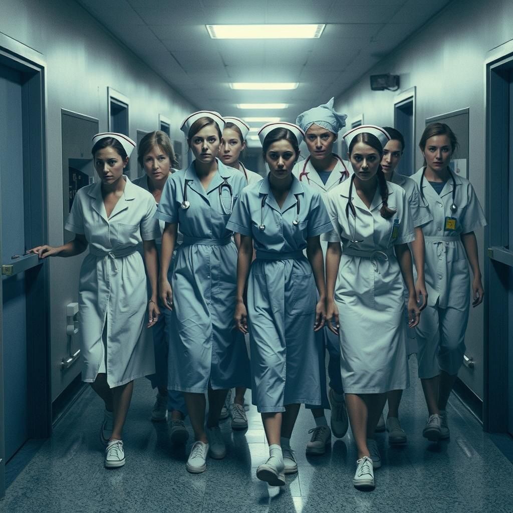 Alerted Nurses Block Corridor in Horror Movie Style