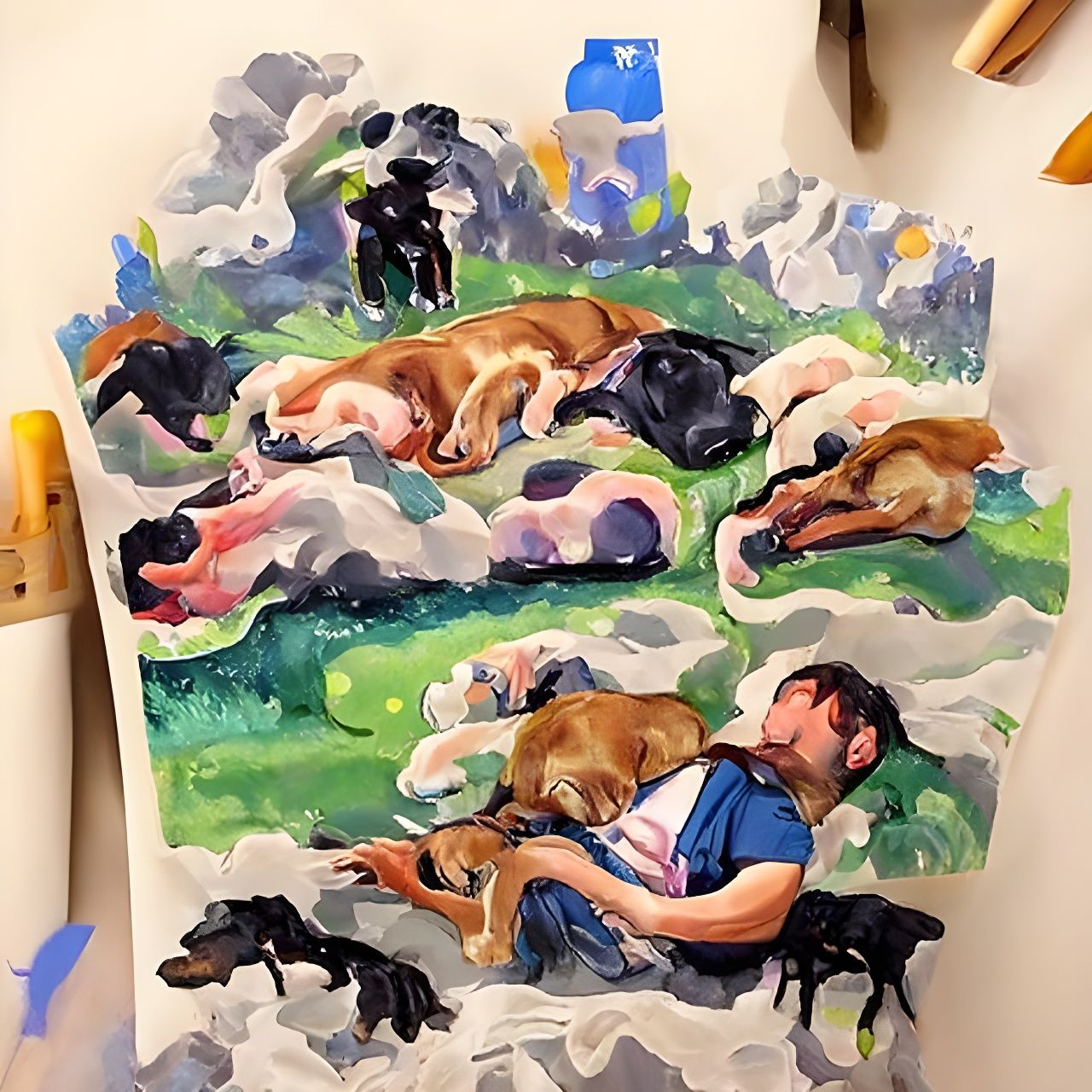 Man's Dream: Playing with Dogs in Open Field