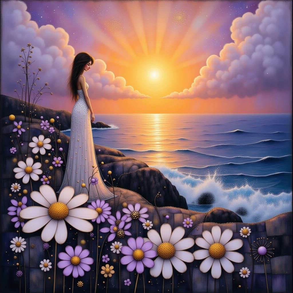 Woman in Seascape at Sunset: Impressionist Style