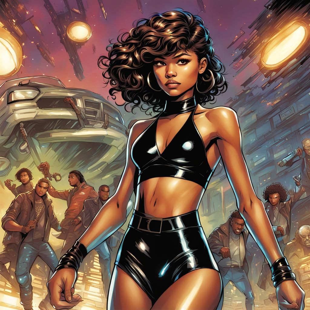 Zendaya in Black Latex Bikini, Comic Book Art