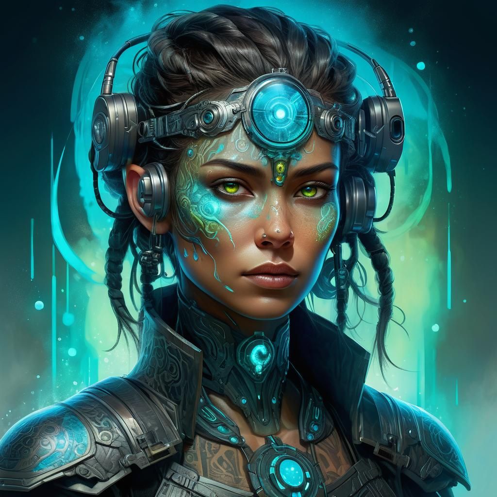 Futuristic Female Warrior with Bioluminescent Cybernetics