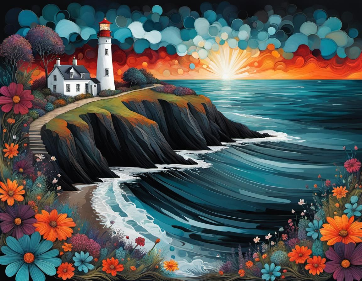 Whimsical Cliffside Vigil with Lighthouse Reflection