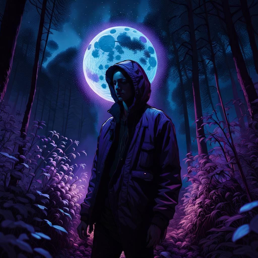 Shadowy Figure in Blacklight Moonlight, Maximalist Digital A...