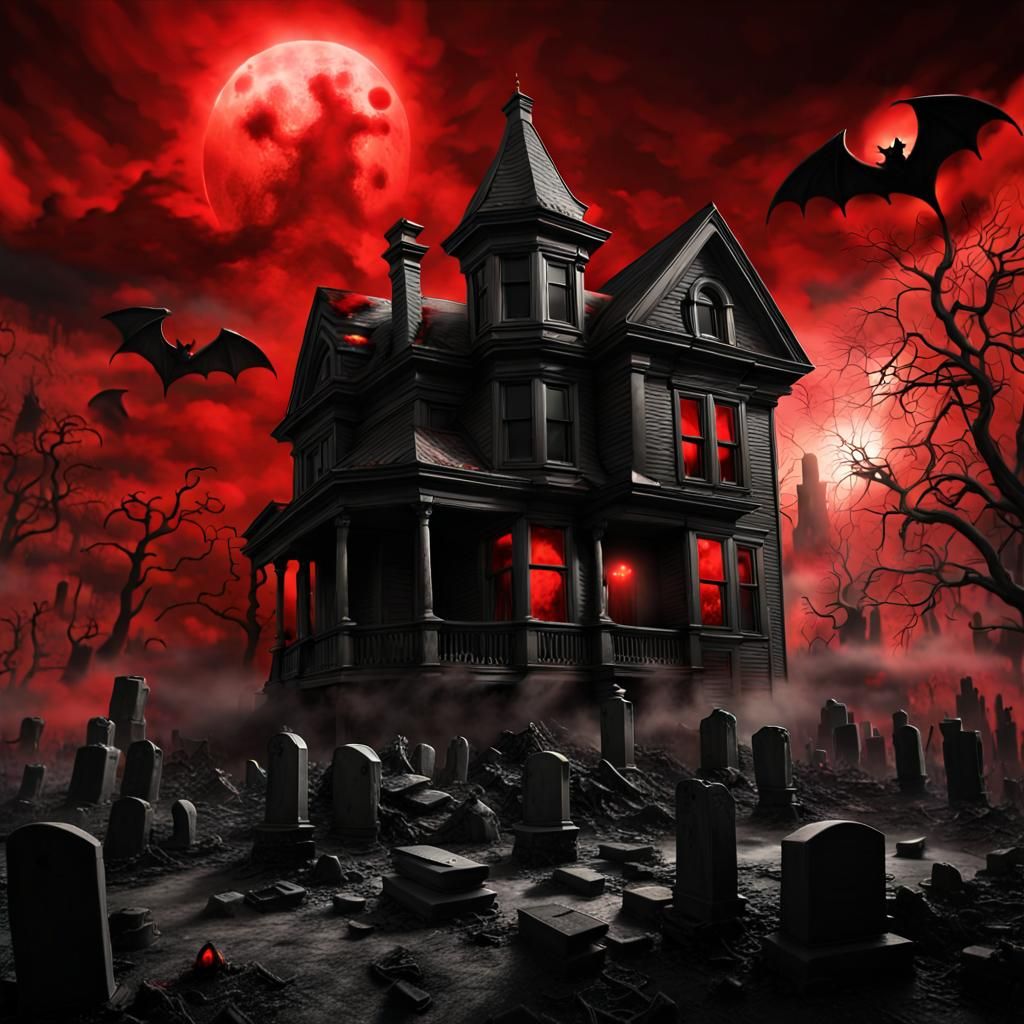 Eerie Haunted House with Ghosts and Bats