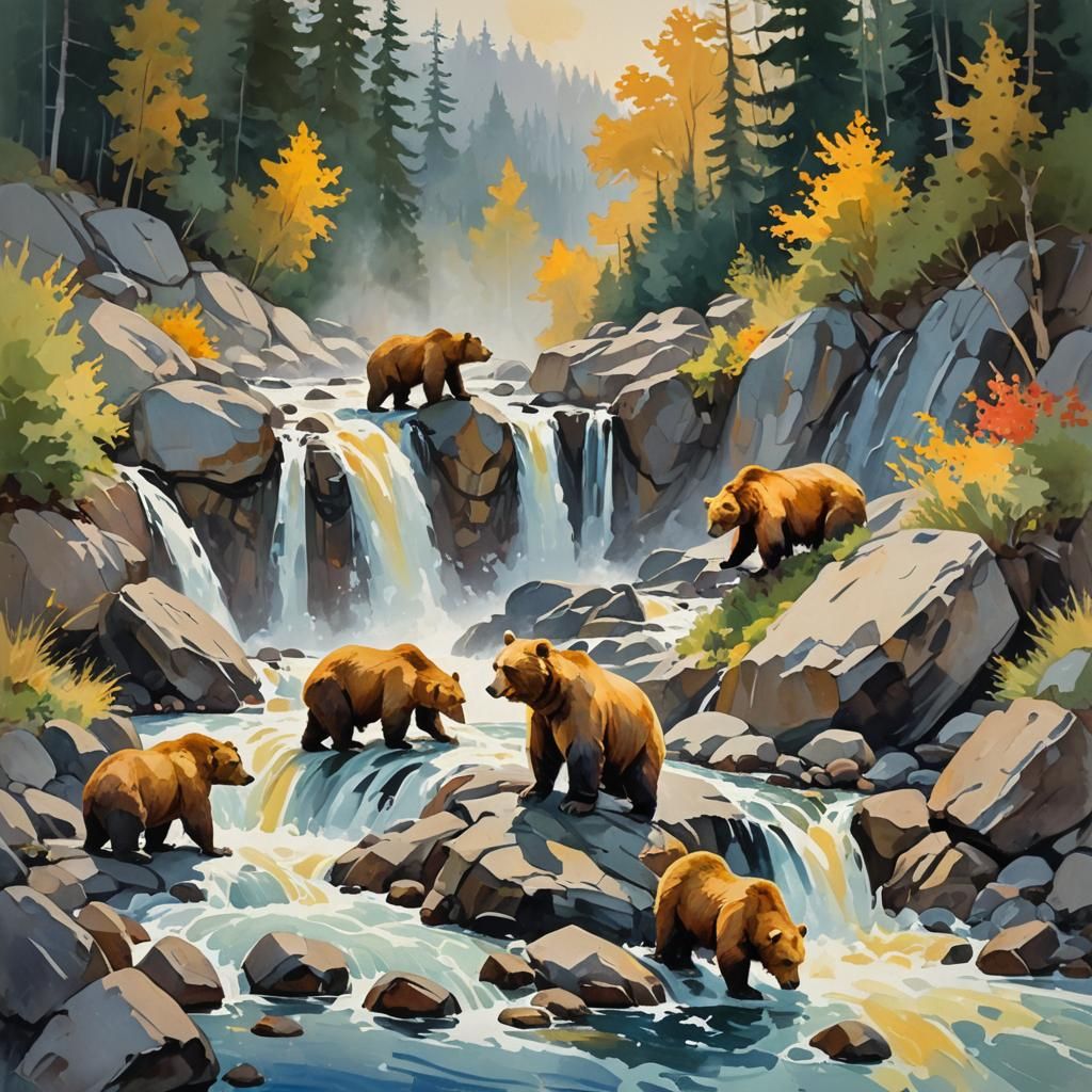 Bears Foraging Salmon: An Impressionist Gouache Painting