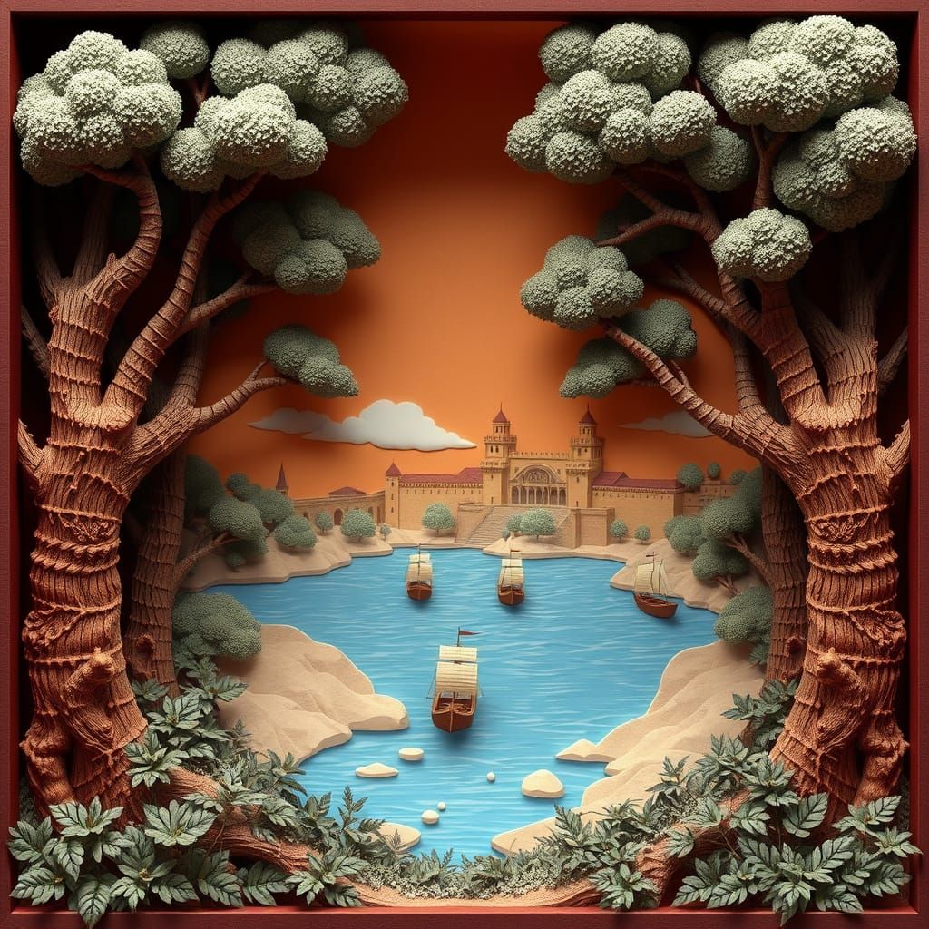 3D Textured Paper-Cut Diorama with Medieval Scene