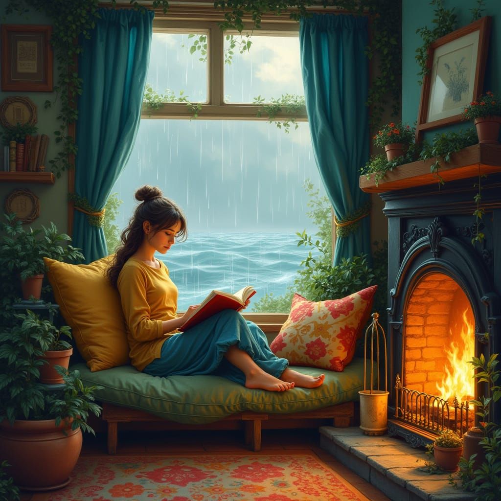 Cozy Reading Nook with Fireplace, Whimsical Style