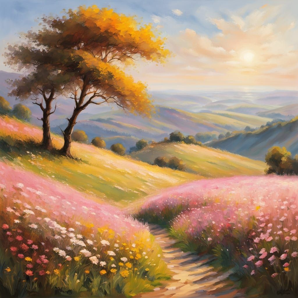 Impressionist Wild Flowers on Serene Hills