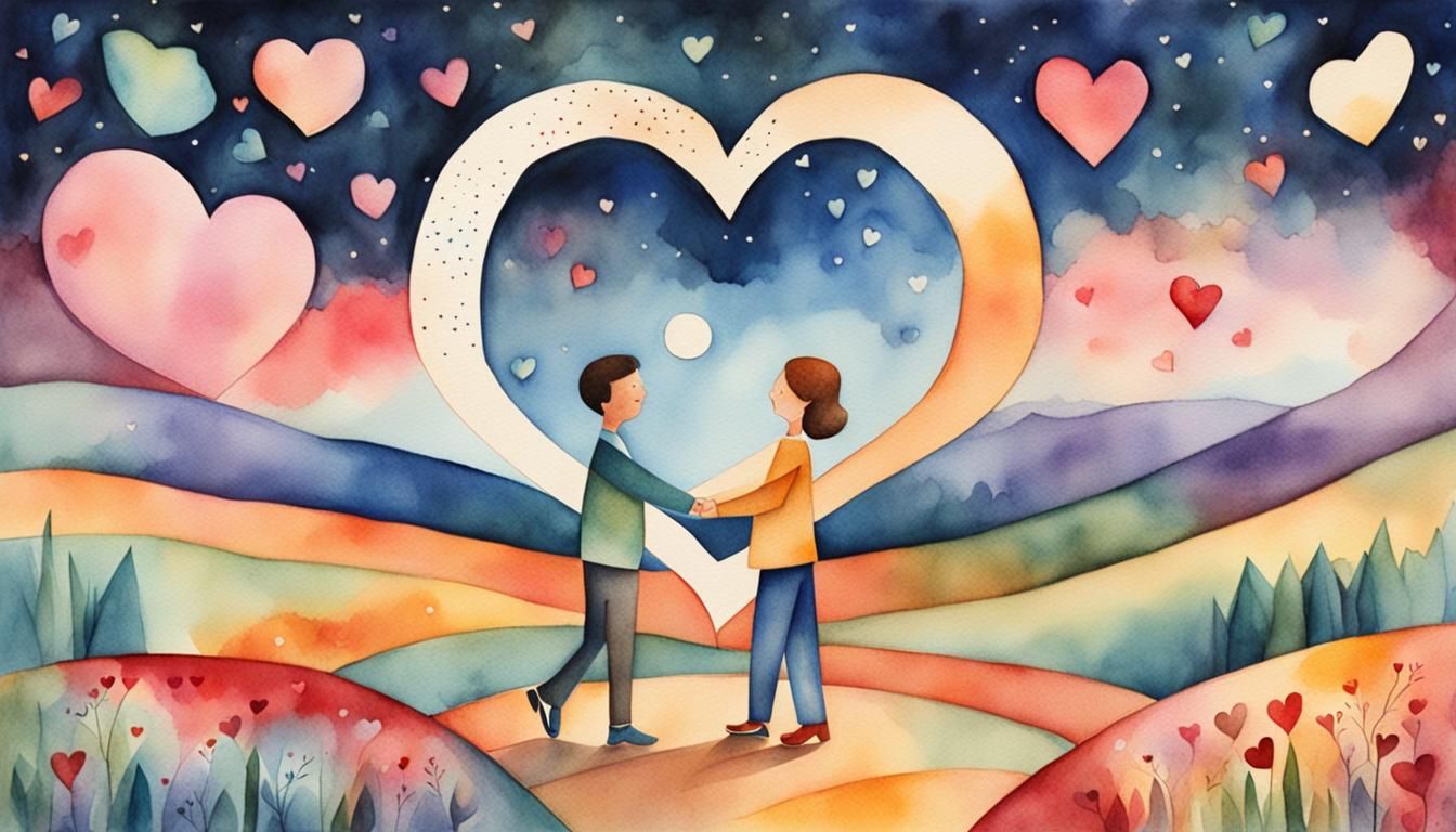 Geometric Watercolor: Happy Couple Under Heart Moon