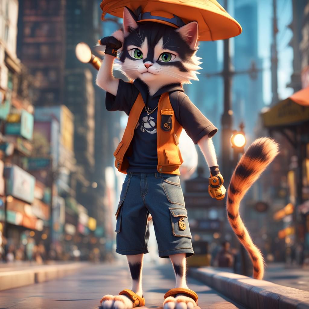 Anime Cat-Boy Hero Lifts Container in 3D Digital Art