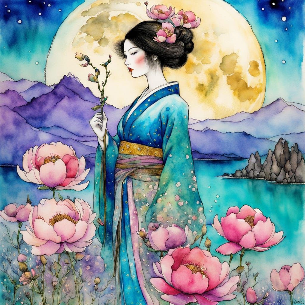 Whimsical Geisha Warrior in Lavender Dreamland