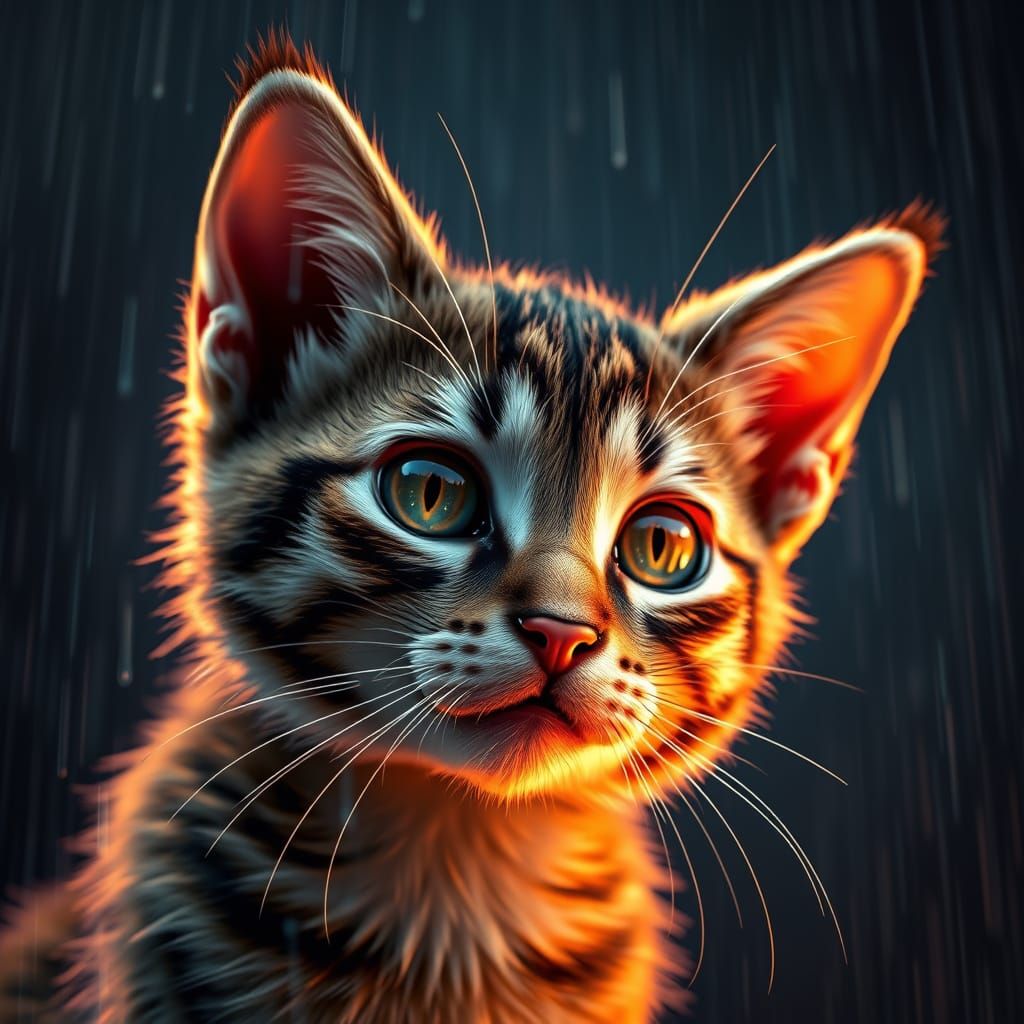 Hyper-Realistic Cat Portrait in Rain with Dynamic Lighting