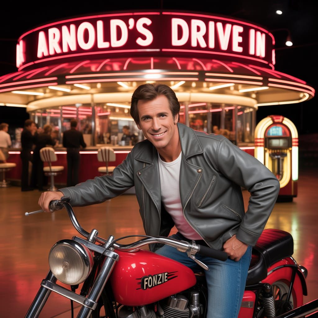 Fonzie at Arnold's Drive In: A 1950s Nostalgia Photograph