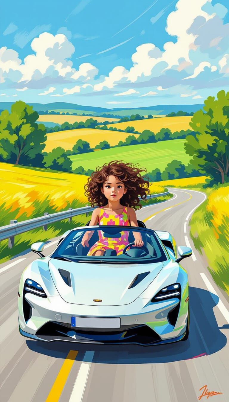 Girl Drives Car in Polychromatic Graffiti Style