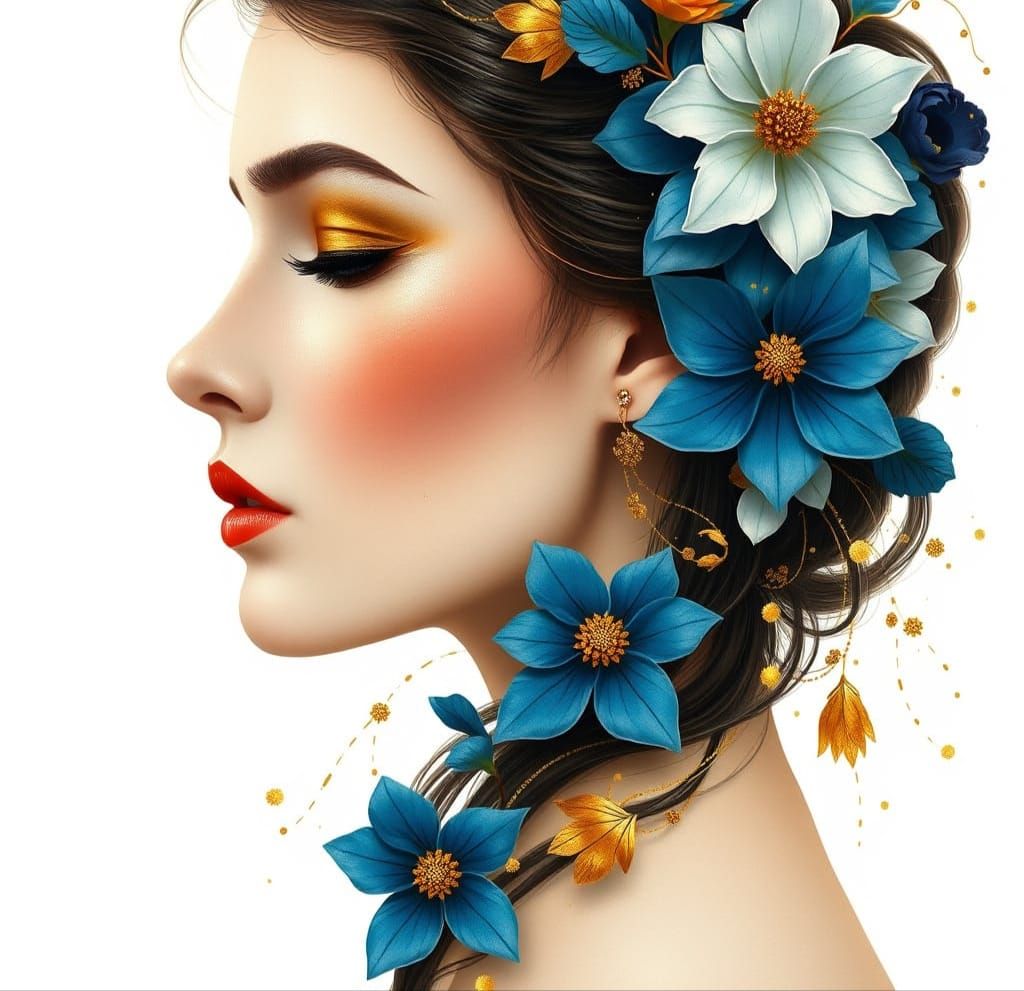 Elegant Woman Portrait Fused with Floral Elements in Art Nou...