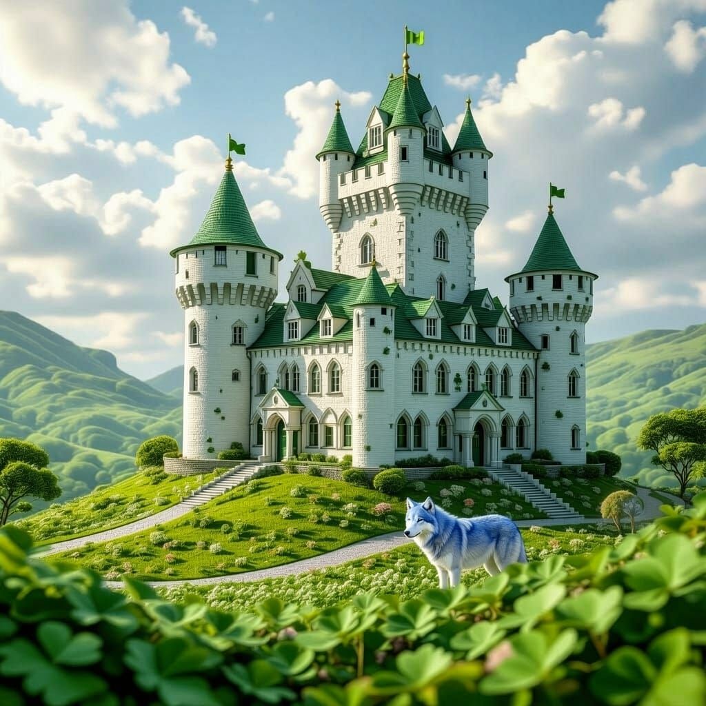 Detailed 3D Layered Paper Irish Castle with Clover Gardens