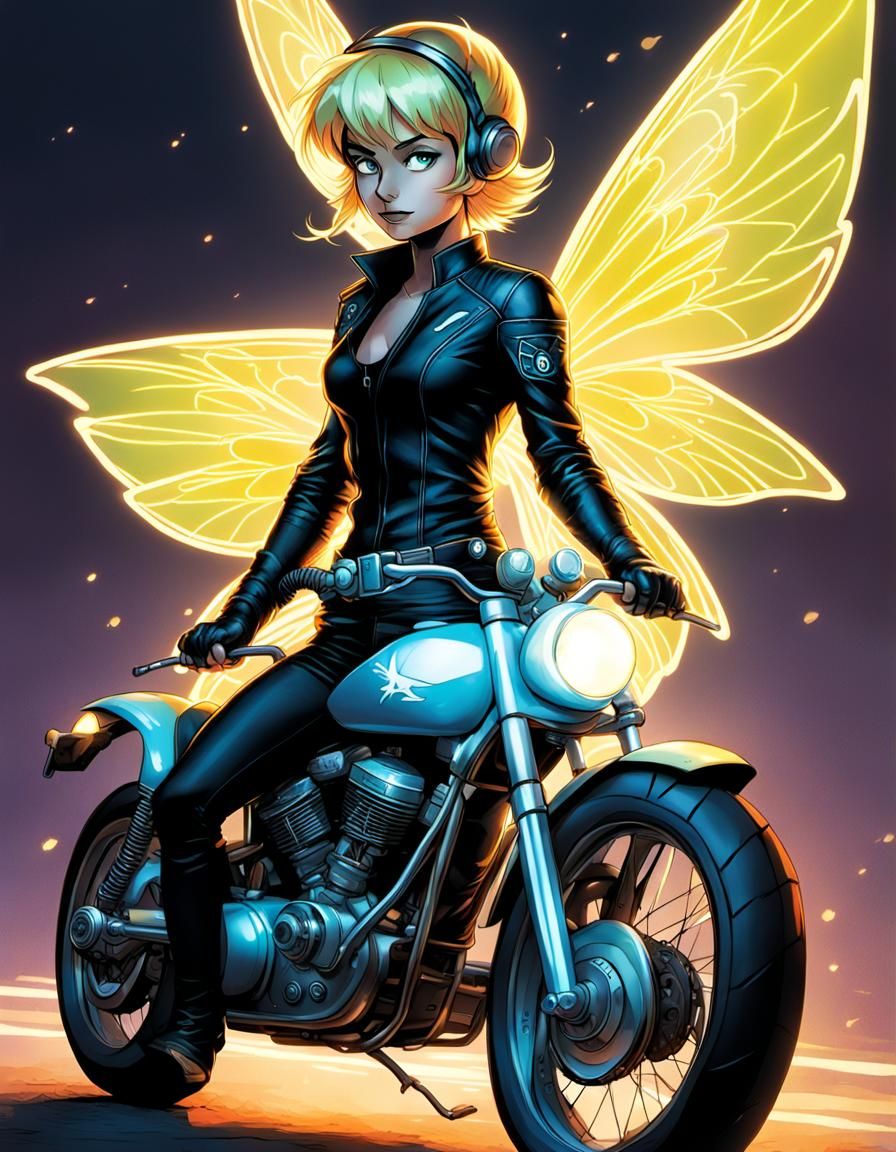 Tinkerbell, Biker with Glowing Wings, Adult Comics Style