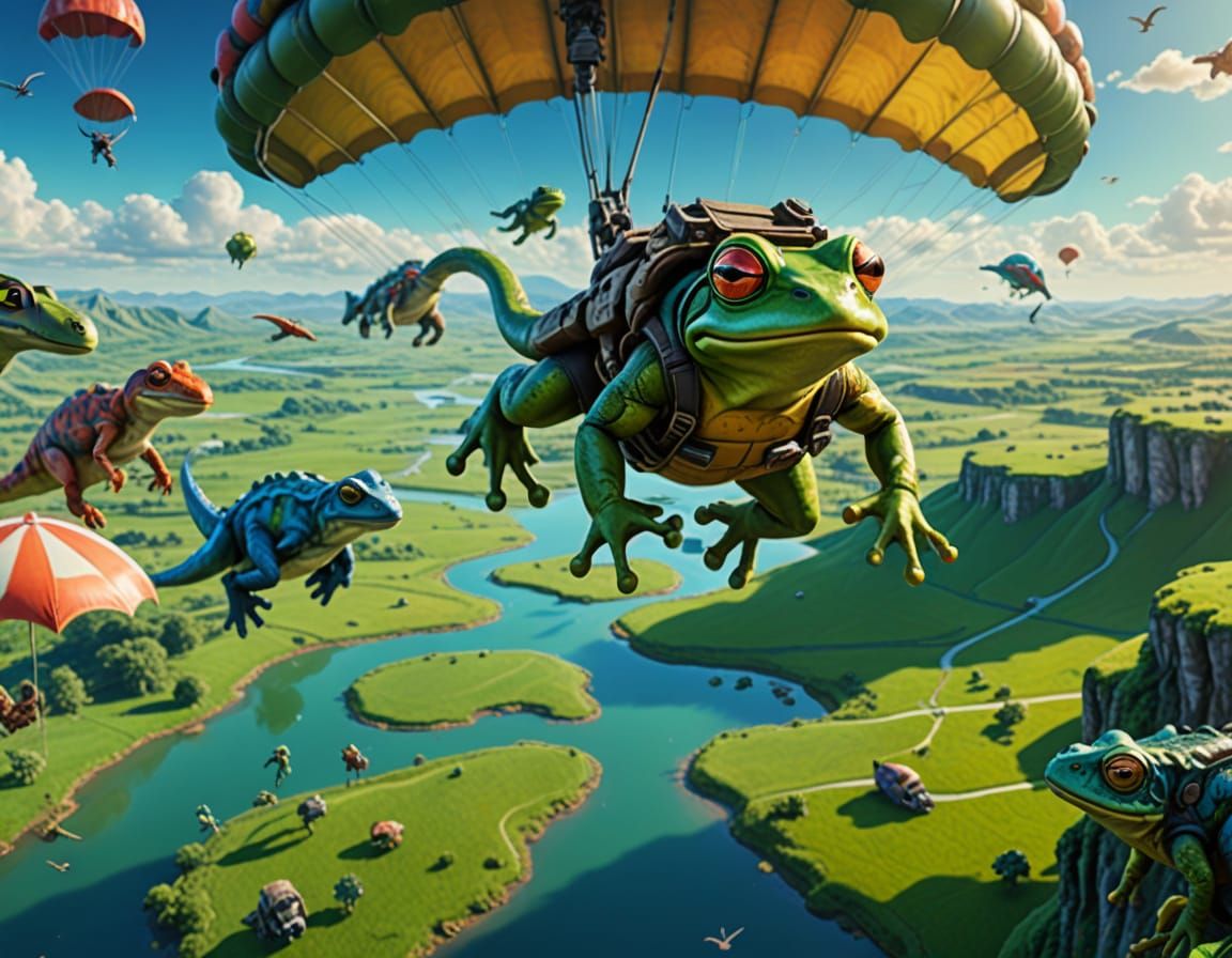 Chibi Frog Parachutist Over Dinosaur Landscape