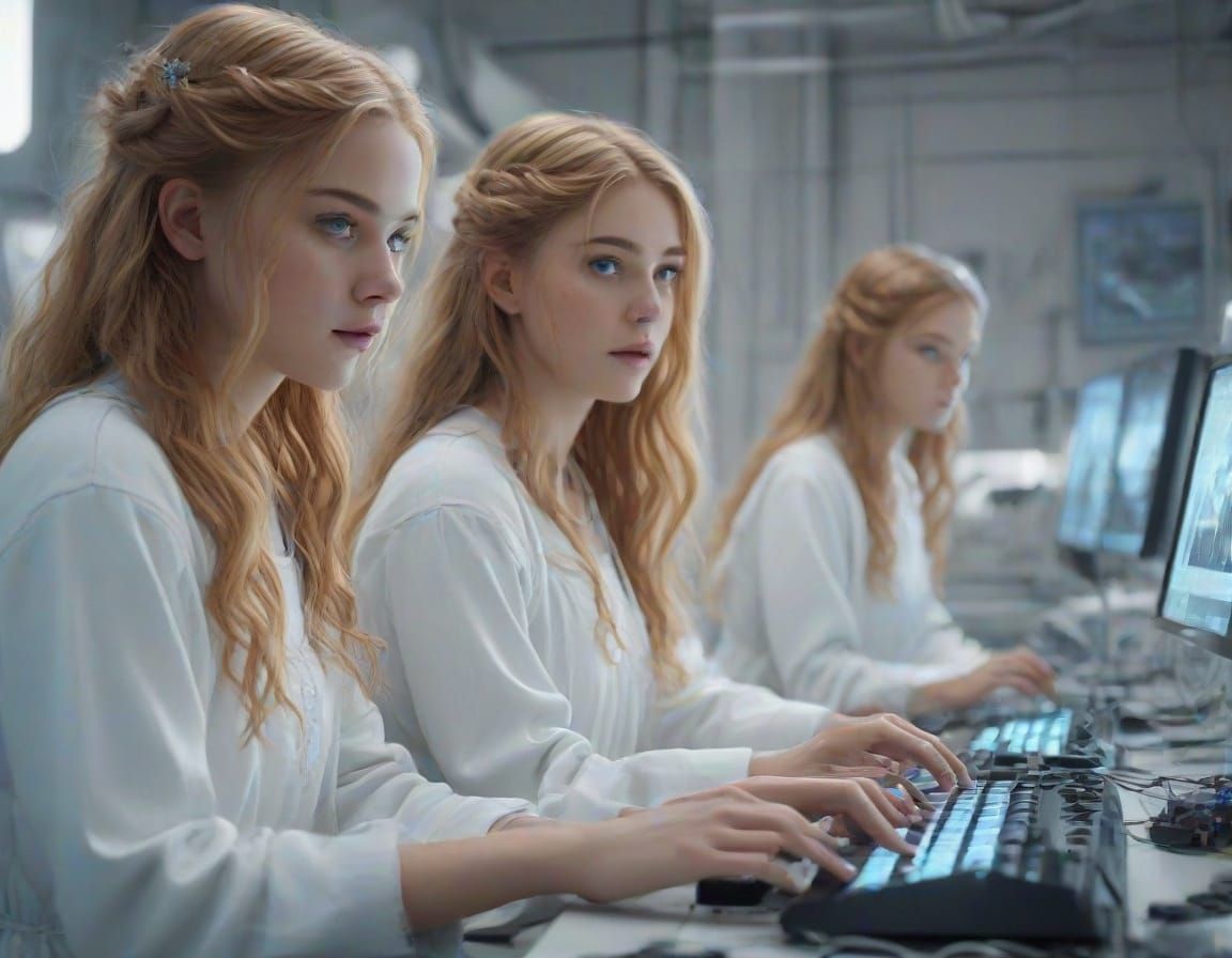 Sisters in a Futuristic Laboratory Study a Desolate World