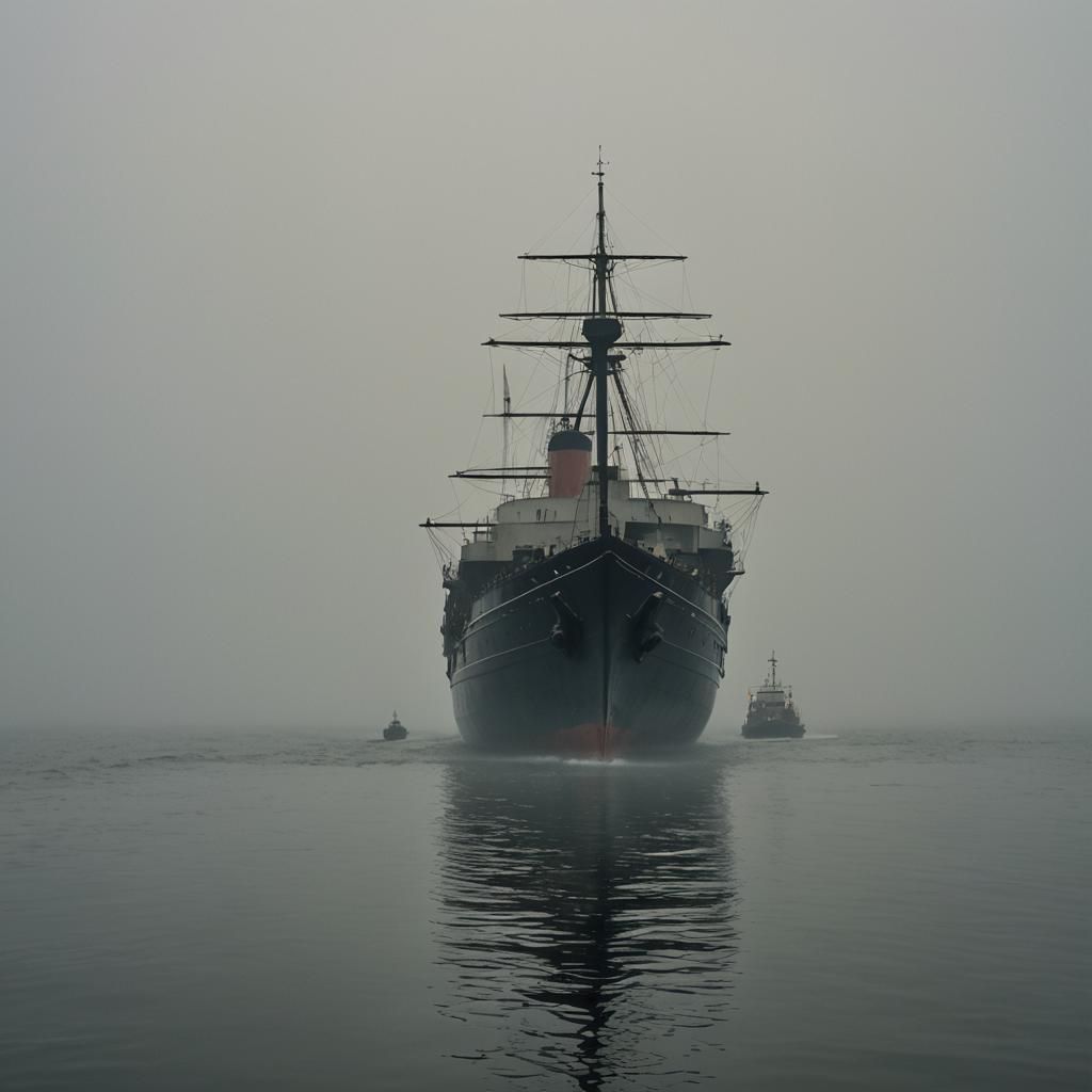 Ship Emerges from Fog in Hyperrealistic Style