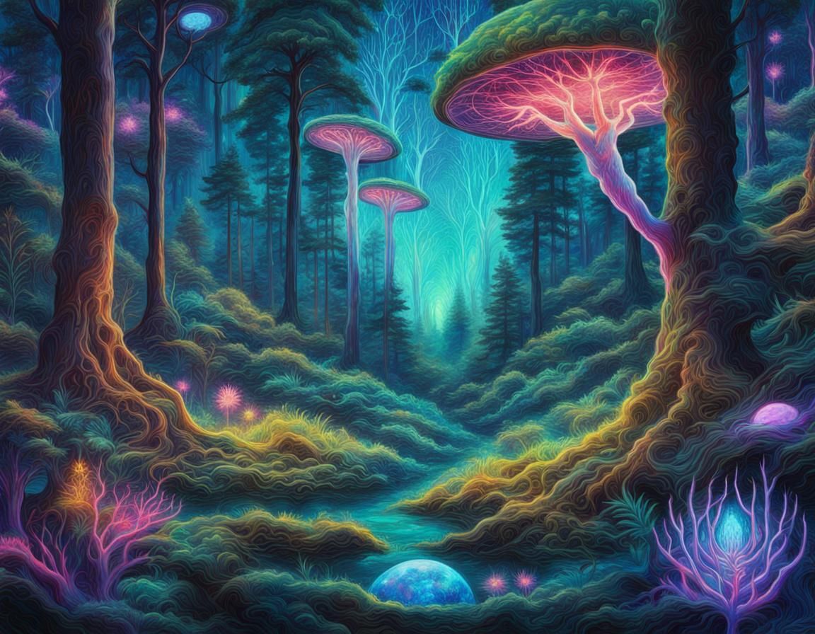 Bioluminescent Forest: Holographic Cosmic Illustration