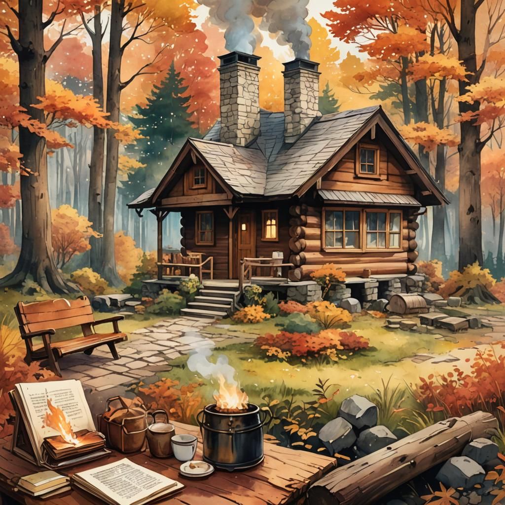 Autumn Cabin in Vibrant Anime Style