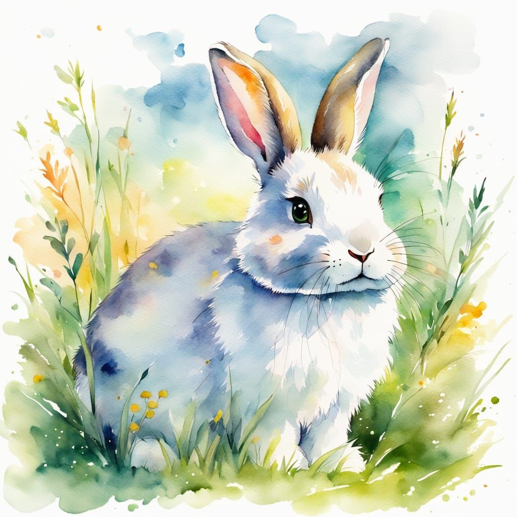 Cute Bunny in Meadow: Whimsical Watercolor Art