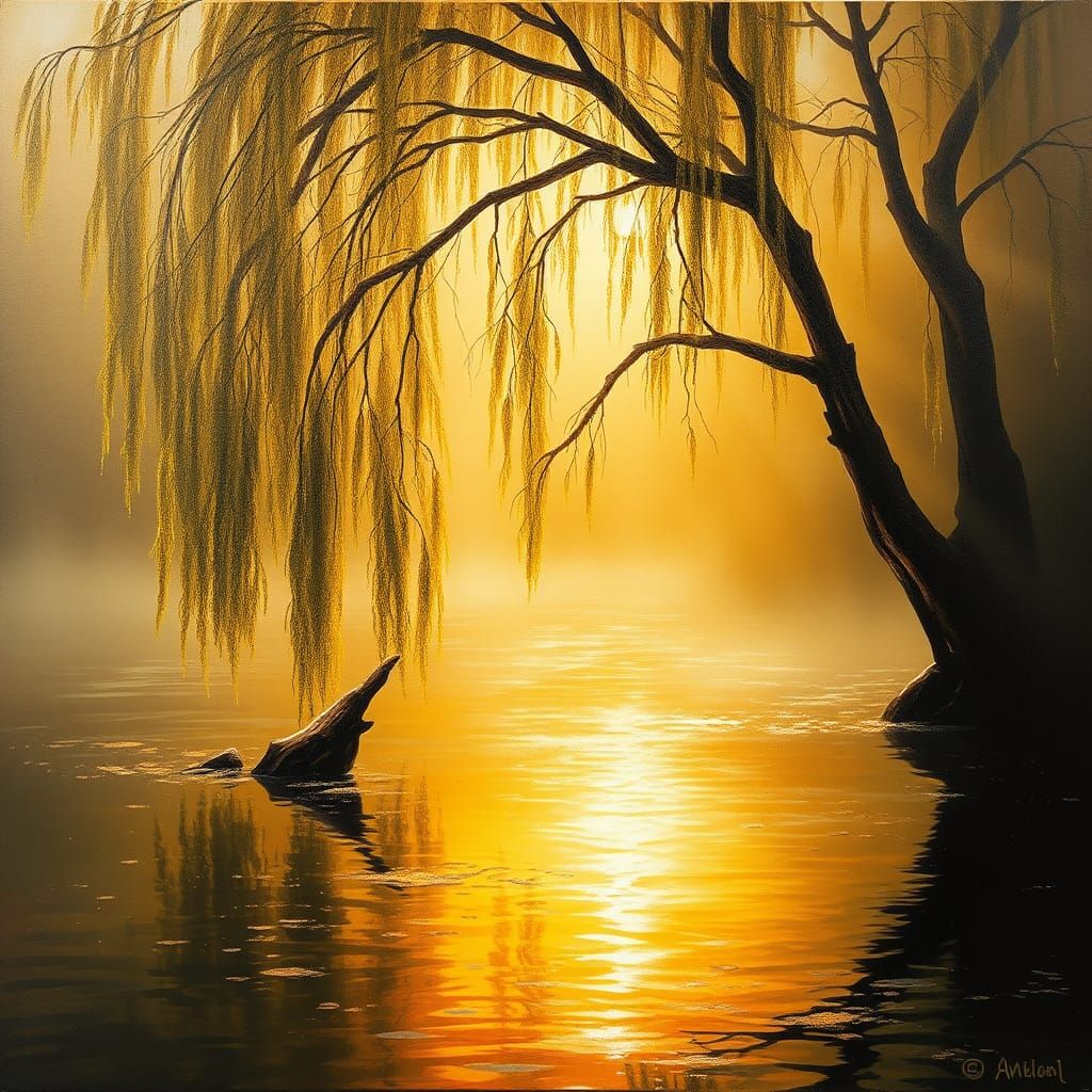 Misty Rain on River in Color Field Style