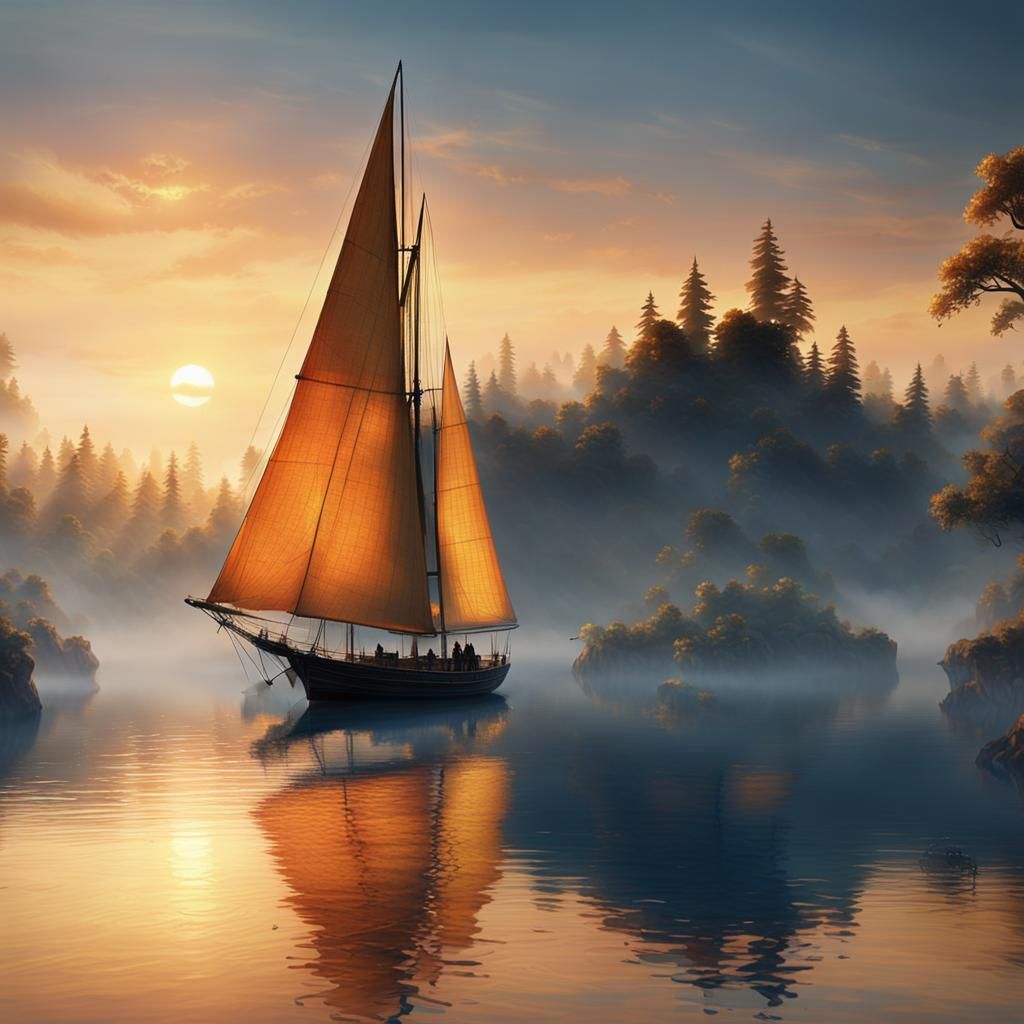 Sailboat on Lake at Sunset in Golden Light