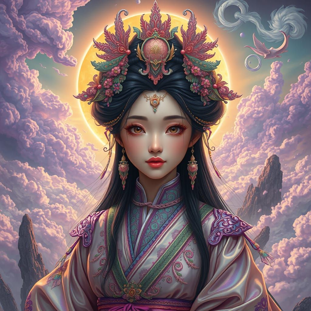 Ethereal Korean Princess in Vibrant, Iridescent Attire