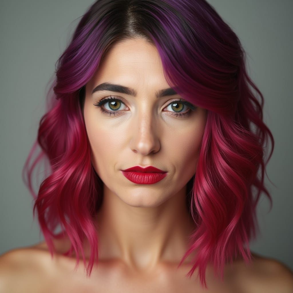 Hyperrealistic Portrait of a Woman with Red and Purple Hair