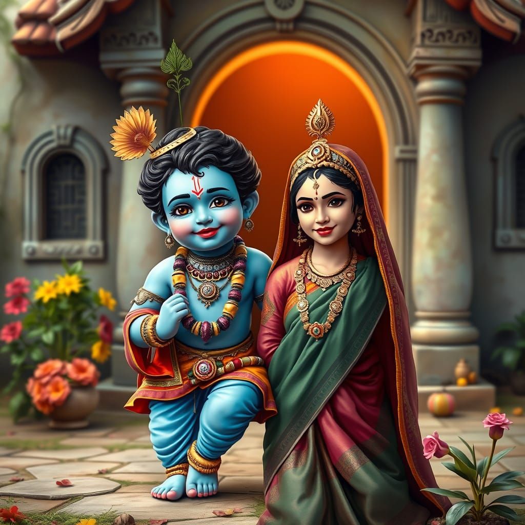 Baby Krishna with Mother Yashoda in Vibrant Hyperreal Art