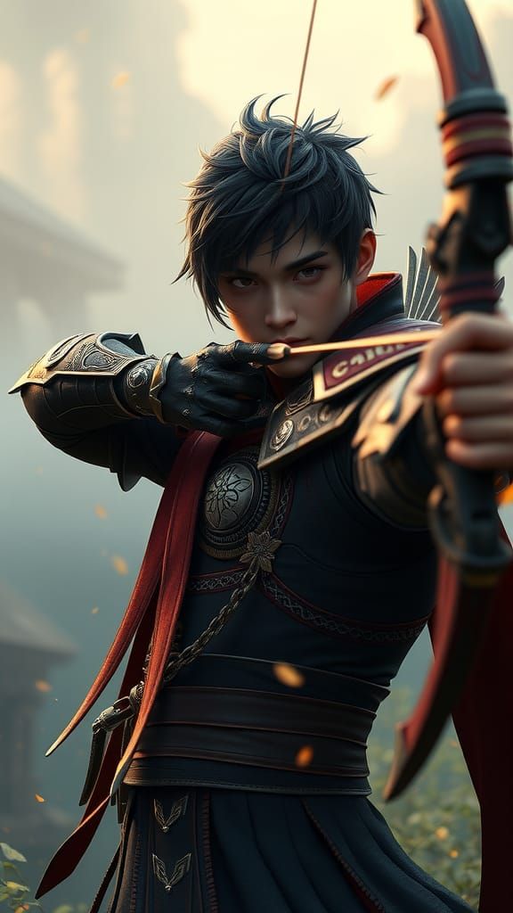 Armored Archer Aims in Misty Anime Landscape