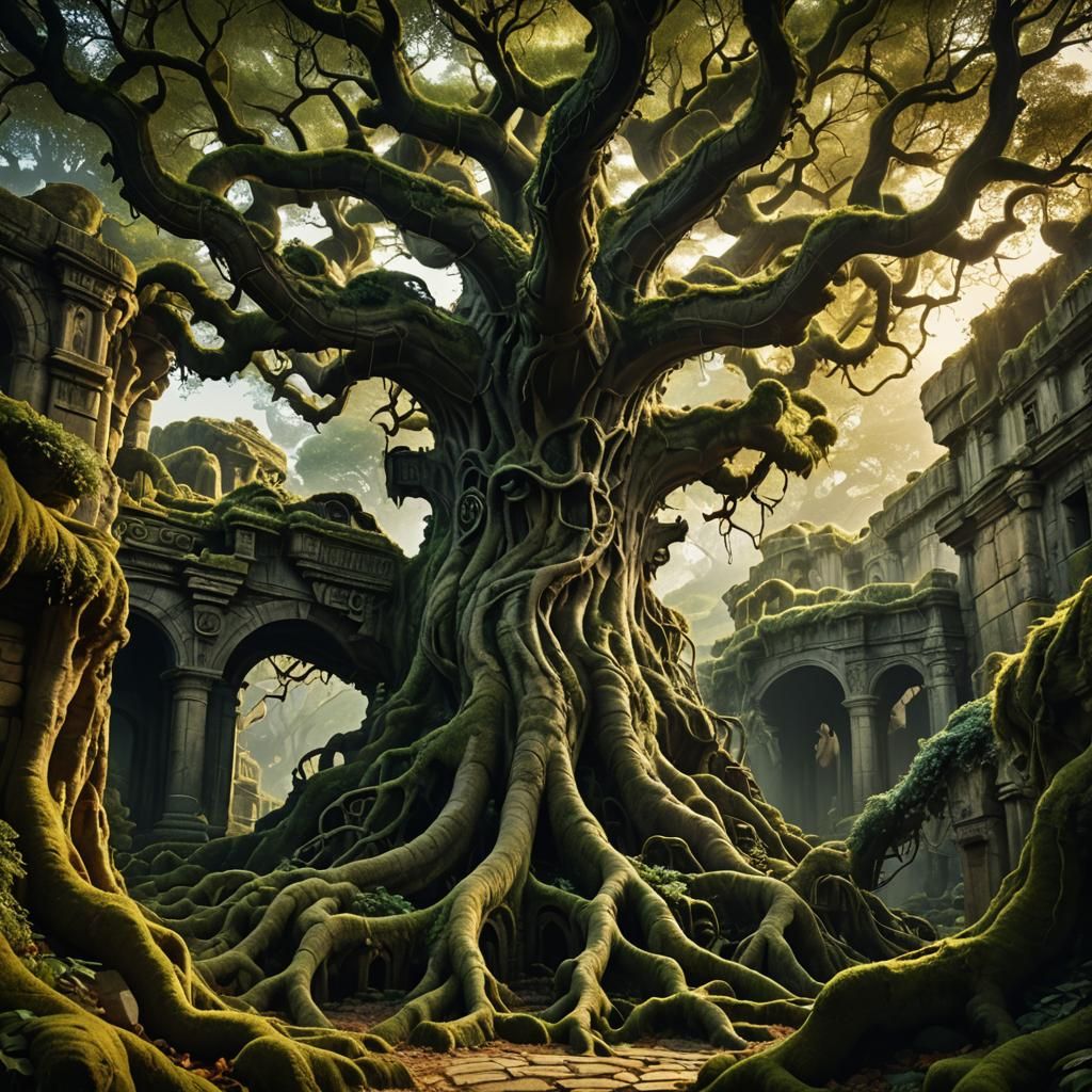 Ancient Tree at Labyrinth Center in Surreal Style