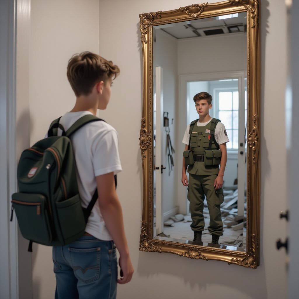 Boy's Reflection: Soldier in Ruined Hallway